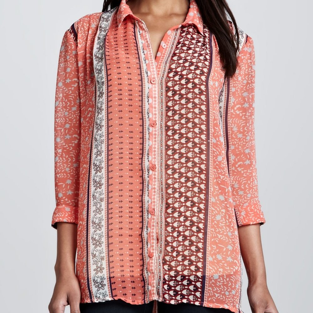 Free People Moonlight Mile Mixed-Print Top in Hot Coral Combo - Picture 1 of 8